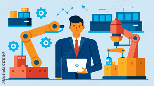 In a bustling manufacturing plant a business owner confidently oversees operations with the assistance of a multifunctional robotic arm. This