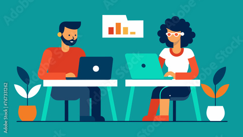 Two employees working on a project together one using a traditional desktop computer and the other a portable laptop representing the