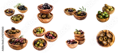 Assorted Mediterranean olives in wooden bowls isolated, cut out transparent