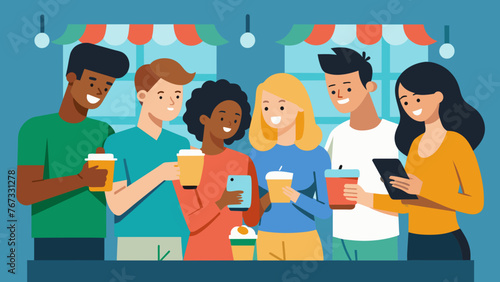 A group of friends at a coffee shop gathered around a phone to browse and order from a digital marketplace filled with unique and trendy