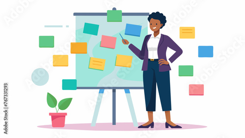 A business person stands confidently in front of a whiteboard covered in colorful sticky notes outlining their social media strategy and
