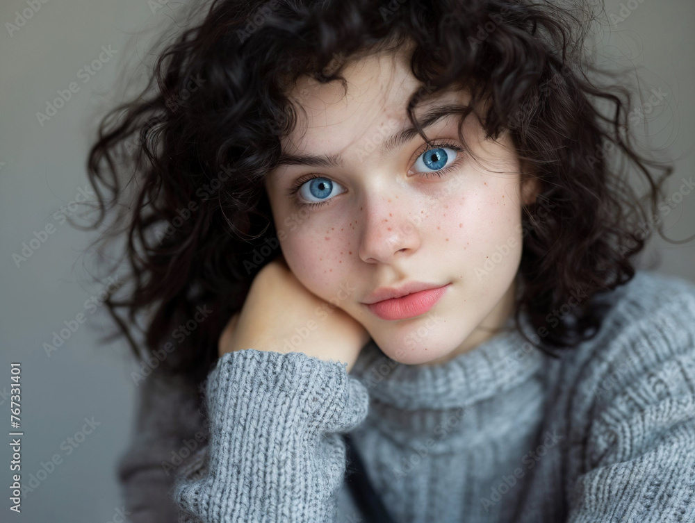 a teenager with blue eyes and curly black hair is doing homework, studio photo a teenager with blue eyes and curly black hair is doing homework, studio photo