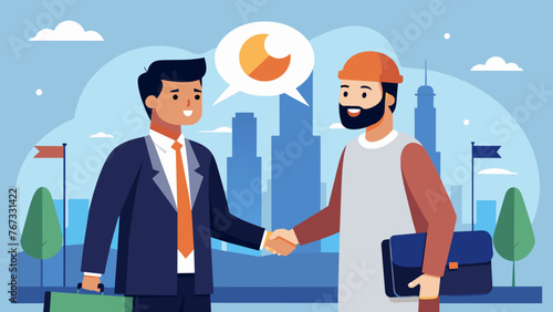 In a bustling trade expo a businessman enthusiastically shakes hands with his foreign counterpart representing the start of a lucrative business