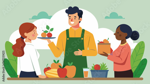 A staff member from a farmtotable restaurant educating customers on the benefits of choosing sustainable and ethicallysourced ingredients for