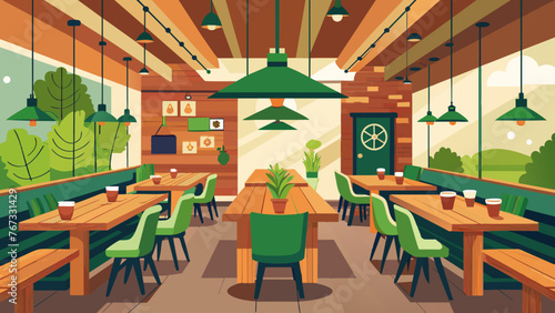 The interior of a trendy restaurant adorned with reclaimed wood and ecofriendly decor reinforcing their dedication to environmentally conscious