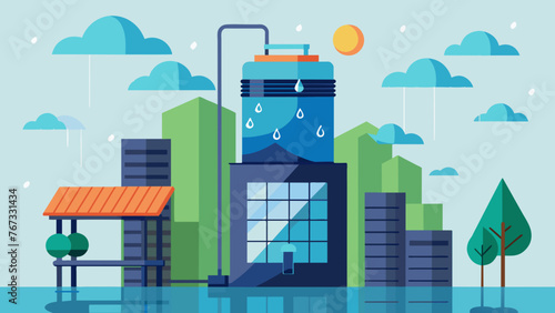An artistic photo featuring a corporate highrise building with a large rainwater collection system on its roof showcasing the companys