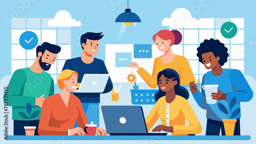 A multiethnic team of engineers and developers work together in a bustling open office environment perfecting a new product with the help of