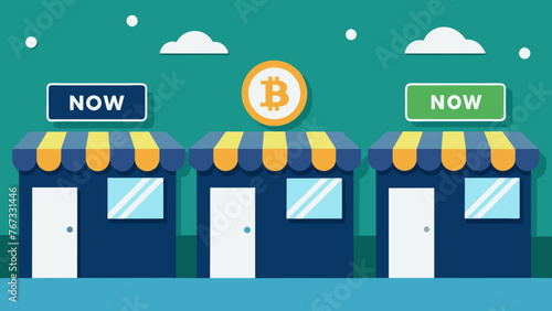A series of physical stores with signs that read Now accepting cryptocurrency demonstrating the increasing acceptance and adoption of digital