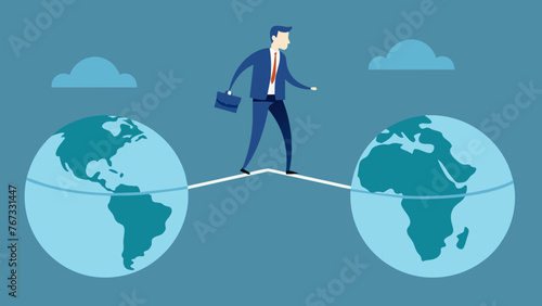A businessman walking on a tightrope between two globes representing the delicate balance and strategic decisionmaking required in navigating
