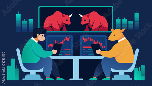 Traders closely monitoring market indicators as the bull and bear icons on their computer screens reflect the ongoing power struggle between
