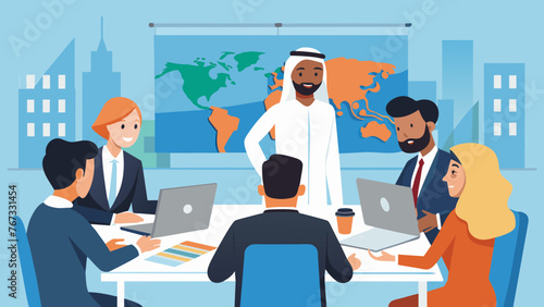 Clad in business attire a diverse group of employees engage in a lively discussion while standing around a conference table maps and charts of