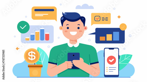 A mobile app screen displaying a variety of financial tools and services such as budget tracking bill pay and loan application. A satisfied