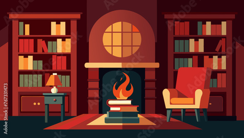 A cozy and intimate library lined with rich mahogany bookshelves and a roaring fireplace offering the perfect spot for quiet contemplation in