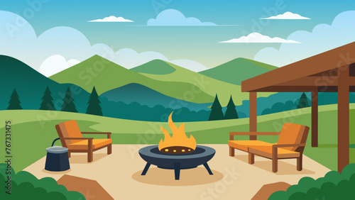 A picturesque backyard patio with panoramic views of rolling hills complete with a cozy fire pit and outdoor kitchen providing an idyllic