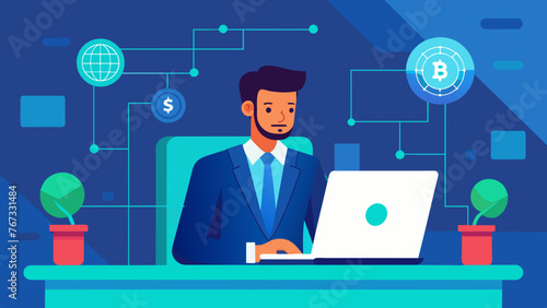 A businessman sitting at his desk intently studying a digital ledger on his computer symbolizing the transparency and security of blockchain