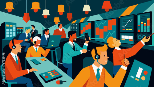 In a bustling stock exchange traders scramble to buy and sell stocks based on the latest economic indicators and market predictions. The room is