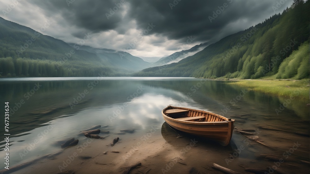 Boat on the lake, cloudy summer day in the mountains, travel photo landscape Boat on the lake, cloudy summer day in the mountains, travel photo landscape