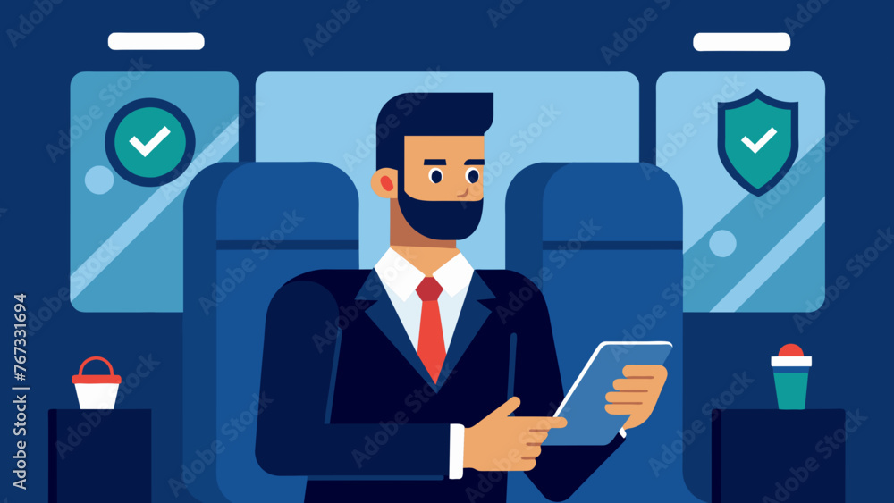 A businessman traveling on a train confidently accessing sensitive company data on their smartphone while secured by topnotch cybersecurity A businessman traveling on a train confidently accessing sensitive company data on their smartphone while secured by topnotch cybersecurity