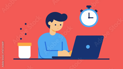 An aerial view of a person typing on a laptop with a timer beside them showcasing the power of the Pomodoro Technique in eliminating