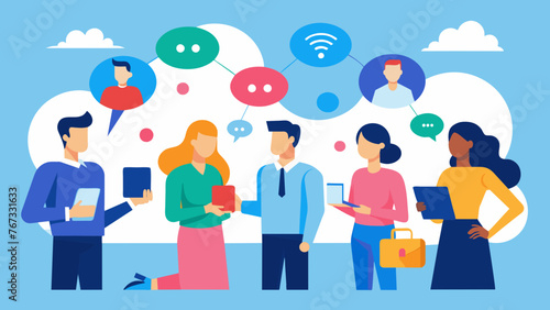 At a networking event professionals are exchanging tips and ideas for successful social media branding and effective ways to connect with