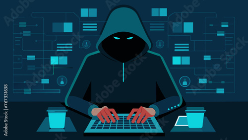 A blurred image of a hackers hands typing on a keyboard overlaid with lines of code and cryptic symbols representing the stealth and complexity