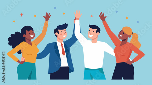 A successful business team comprised of individuals of various ethnicities celebrates their latest achievement with highfives and smiles.