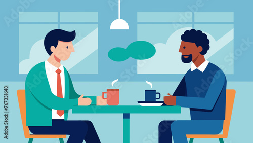 Two exeives engage in a productive discussion over coffee discussing potential partnerships and collaborations in a laidback coffee shop