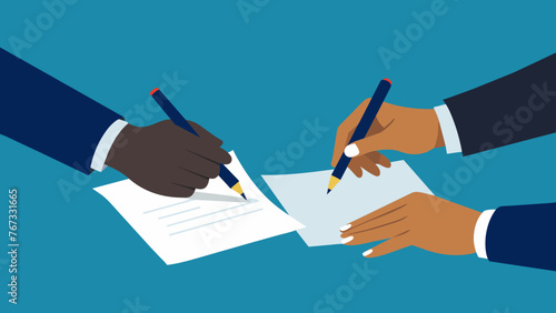 A closeup shot captures the hands of two exeives clasped together each holding a pen poised over a contract. The stark background adds to the photo