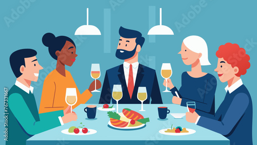 Over glasses of wine and plates of steaming entrees a group of professionals gather for a productive dinner meeting exchanging ideas and