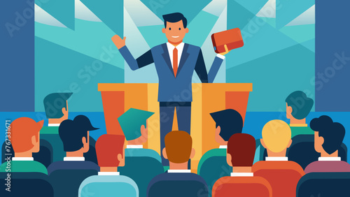 Amidst the excitement and energy of a bustling conference a poised exeive takes the stage ready to share insights and expertise with the