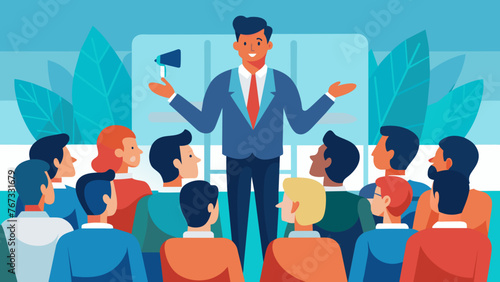 Surrounded by a sea of attentive faces the business exeive shares valuable industry knowledge and experience with a captivated audience at a photo