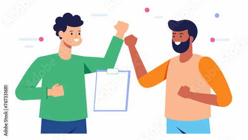 Two entrepreneurs stand side by side appearing relaxed despite the gravity of the moment. They simultaneously sign a document endorsing their