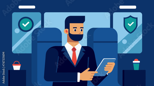 A businessman traveling on a train confidently accessing sensitive company data on their smartphone while secured by topnotch cybersecurity