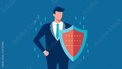 A businessman holding a shield with a binary code design representing the importance of safeguarding sensitive information through encryption