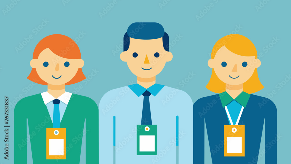In a bustling office employees proudly wear badges and lanyards that display their companys commitment to ethical business practices and In a bustling office employees proudly wear badges and lanyards that display their companys commitment to ethical business practices and