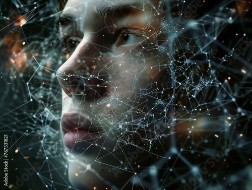 A woman's face is shown in a web of lines and dots. The image is abstract and surreal, with a sense of mystery and intrigue. The woman's eyes are staring into the distance, as if lost in thought