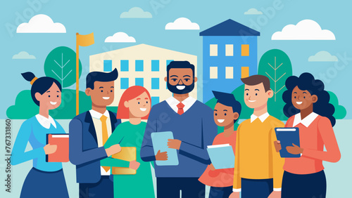 A diverse team of business exeives volunteer their time at a local high school sharing their knowledge and expertise with eager students as