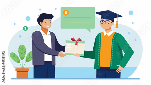 A business owner proudly presents a scholarship check to a graduating student highlighting the companys commitment to investing in the future