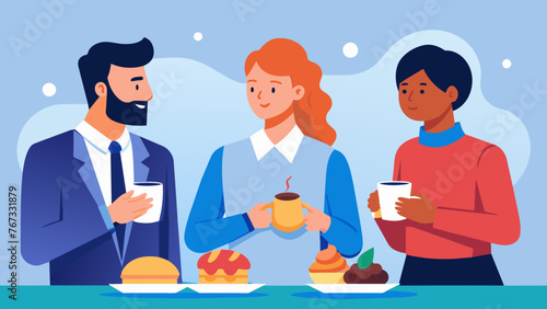 An animated group of investors chat and exchange ideas over coffee and pastries at a highend networking event for startups.