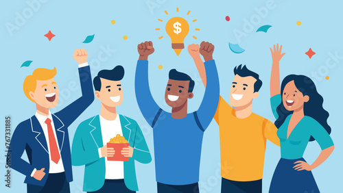 A group of happy entrepreneurs celebrating with their team after receiving a substantial amount of funding from a prominent venture capital