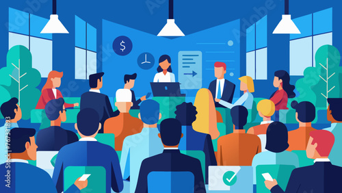 A bustling conference hall filled with entrepreneurs and investors engaged in networking and discussing the latest technology innovations and