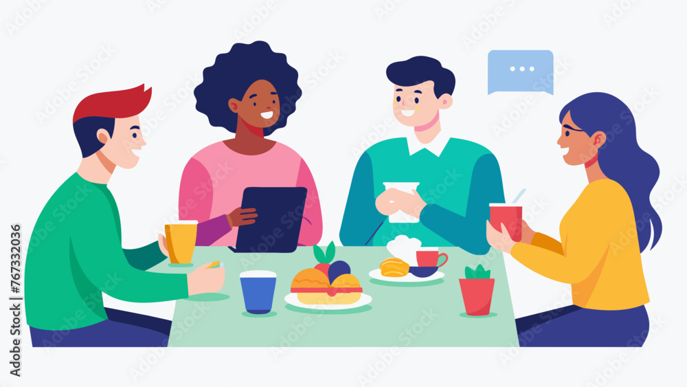 A group of coworkers enjoy a casual lunch while discussing project updates and brainstorming new ideas to improve efficiency and meet project A group of coworkers enjoy a casual lunch while discussing project updates and brainstorming new ideas to improve efficiency and meet project
