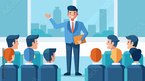 A company CEO addressing a large room of employees stressing the importance of providing topnotch customer service through effective training.
