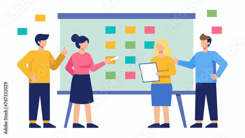 A whiteboard with various digital sticky notes representing Agile project tasks being organized and managed by a team of business