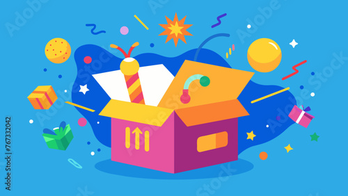 A playful illustration of a subscription box adorned with vibrant colors and fun graphics. The image conveys the excitement and surprise that