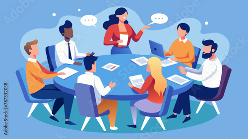 As a project manager speaks his team members sit attentively around a large round table taking notes and voicing their ideas and concerns as