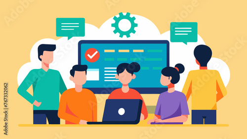 A team of developers gathered around a computer screen utilizing digital project management software to efficiently prioritize and exee tasks