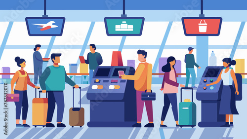 A busy airport terminal is equipped with multiple selfcheckout kiosks allowing passengers to quickly purchase snacks drinks and travel