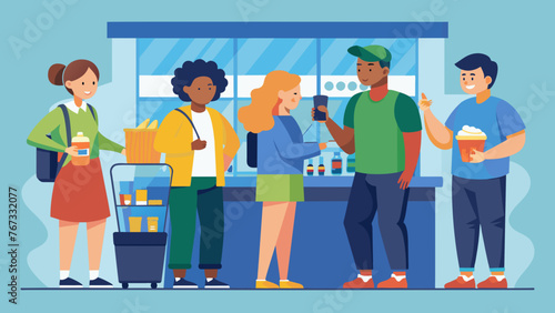 A group of friends gather around a selfcheckout kiosk at a sporting event selecting and paying for their snacks and merchandise with ease