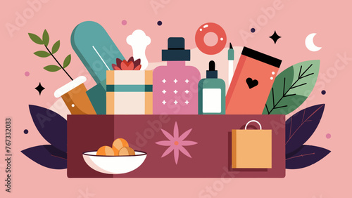 A chic and minimalistic flat lay photograph of a subscription box featuring highend skincare and beauty products. The image exudes luxury and